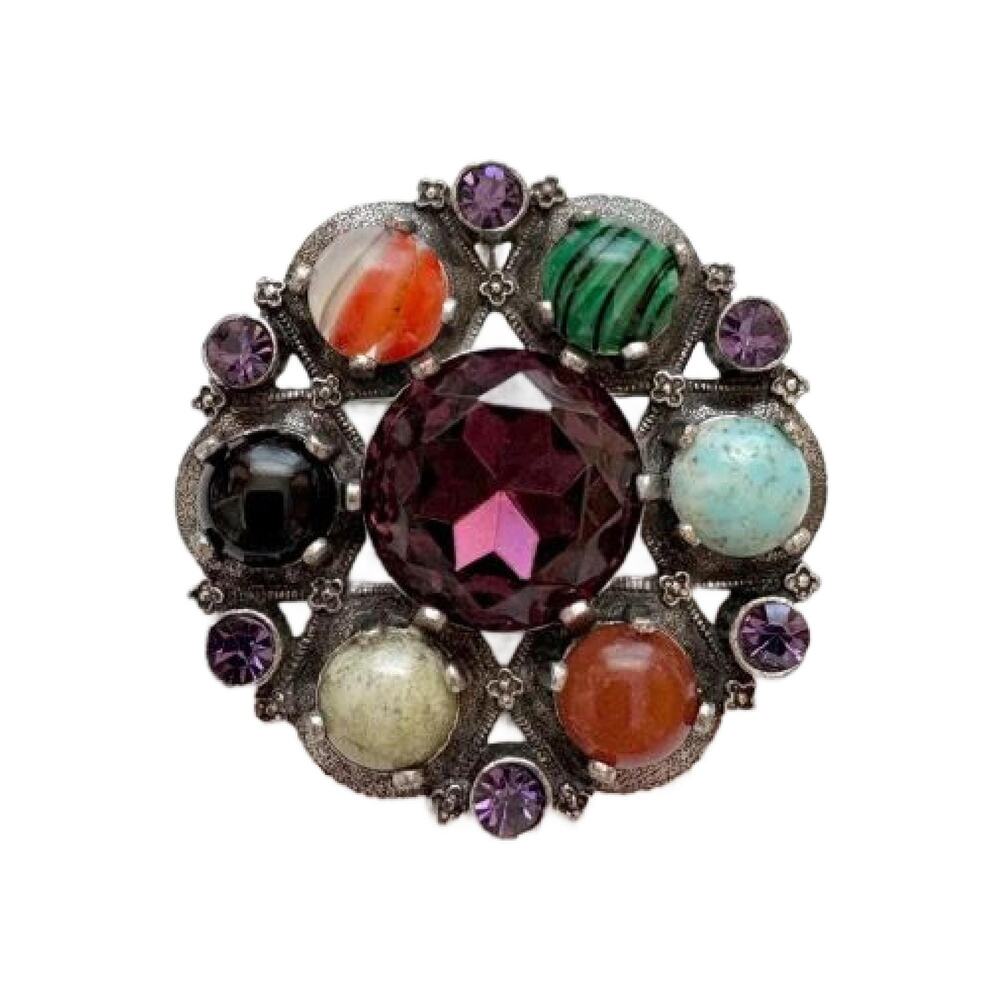 Vintage Scottish Celtic Brooch with Multi Colored Agate Glass Stones, 1960s